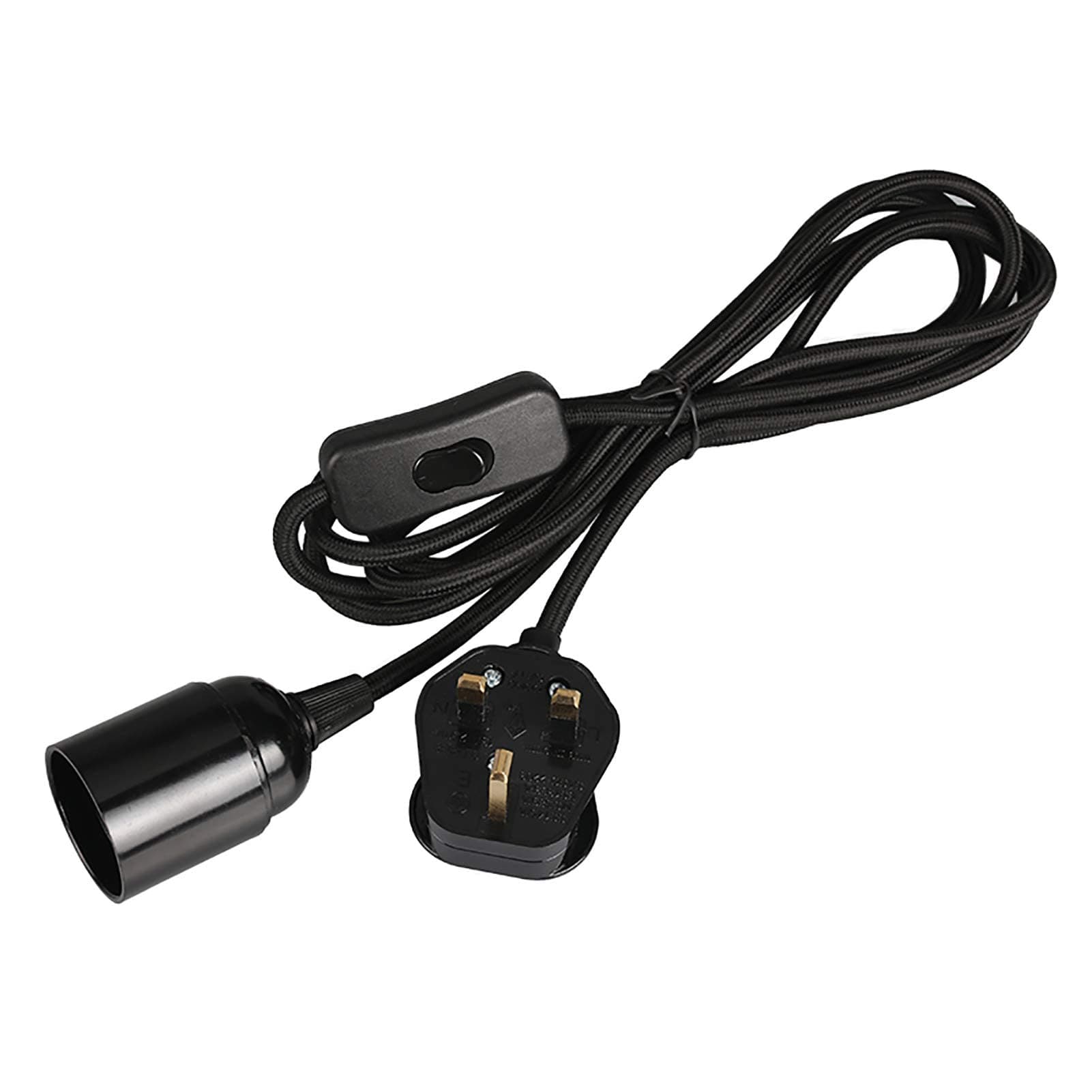 Pendant Light Ceiling Lighting Fitting, E27 Lamp Holder Suspended Pendant Light Fitting Kit, 2 Core Gold Fabric Cable Plug with On/Off Switch- UK Plug (Black, 2m)