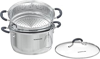 SUNHOUSE - 3.1 Quart Steamer Pots with Lid 2-Tier Multipurpose Stainless Steel Steaming Pot Cookware with Handle for Vegetable, Dumpling, Sauce, Food - Triple Bottom, Measurement Line