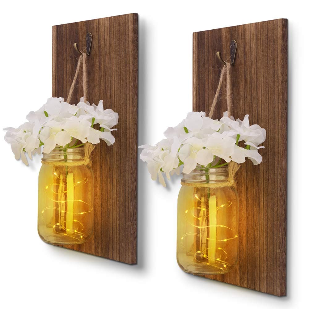 Mason Jar Sconce Rustic Mason Wall Scones for Home Decor, Handcrafted Hanging Wall Scones for Patio Garden House Decoration (Set of 2)