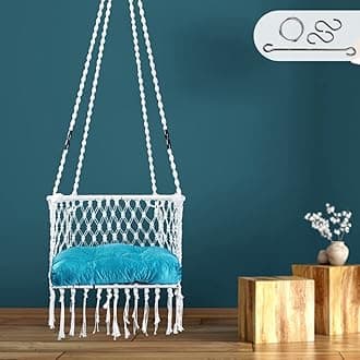 Patiofy C Shape Swing Chair for Balcony, Living Room, Outdoor - Hammock With Blue Cushion (White) - Polyester