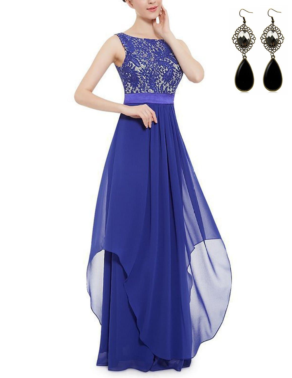 sitengle Elegant Women Sleeveless V-Back Lace Patchwork Chiffon Long Dress Formal Banquet Evening Wedding Party Prom Dresses Light Blue