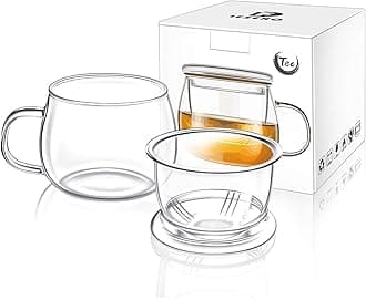 Lezero 13 ounce Tea Cups Kits Loose Tea-leaf Brewing System, Thickened Glass Cups with Tea Infuser Basket and Lid, Simple Filtration Teacups Great for Family Daily