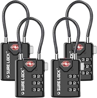 SURE LOCK TSA Approved Combination Luggage Locks with Open Alert Indicator – Durable Zinc Alloy Cable Travel Locks with Large Easy-Read Dials for Suitcases, Backpacks & Gym Bags Black 4 Pack