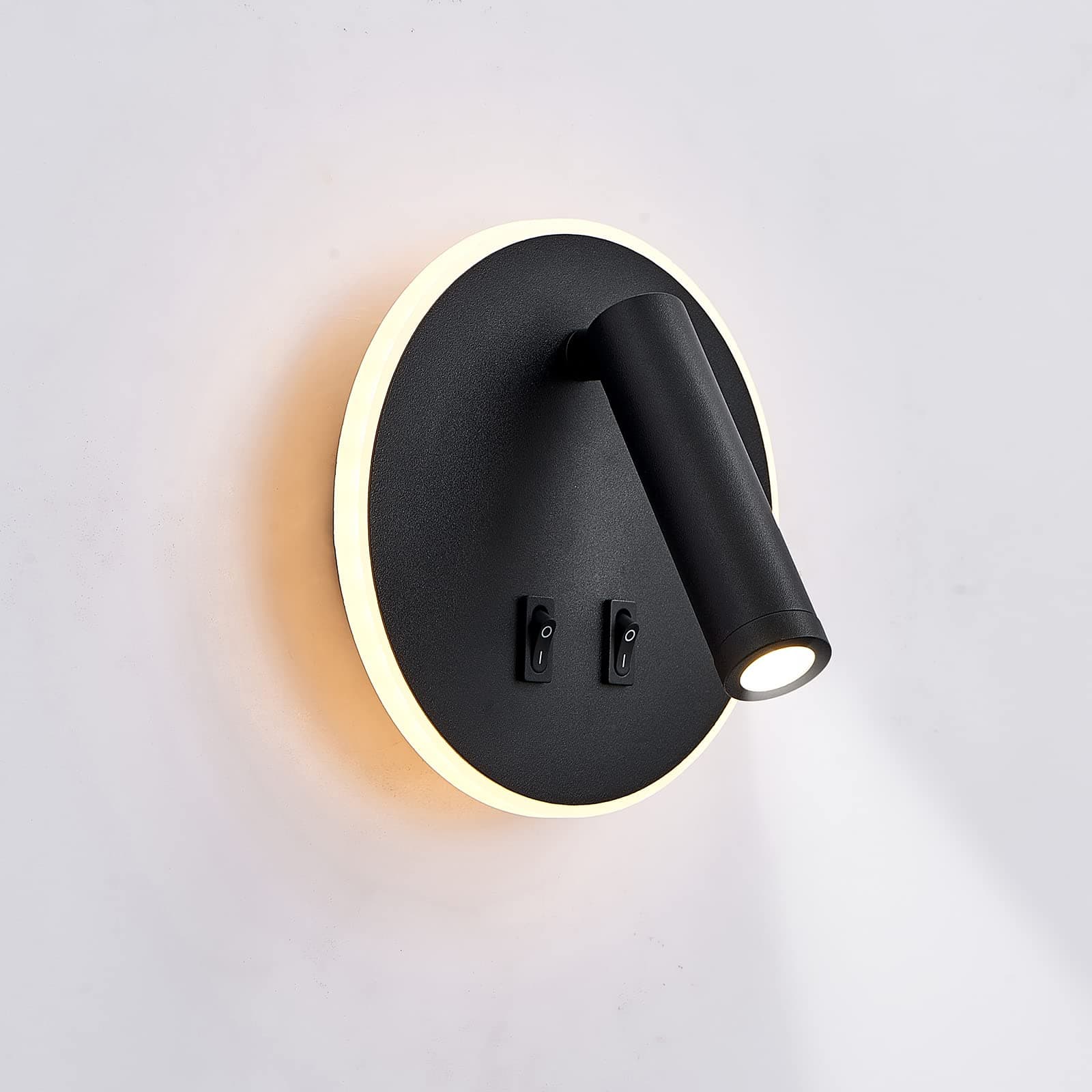 LED Wall Light, Bedside Reading Light, 12W LED Wall Light, Adjustable Spotlight (3W + 9W 3000K Warm Light) Black (Round Shape)