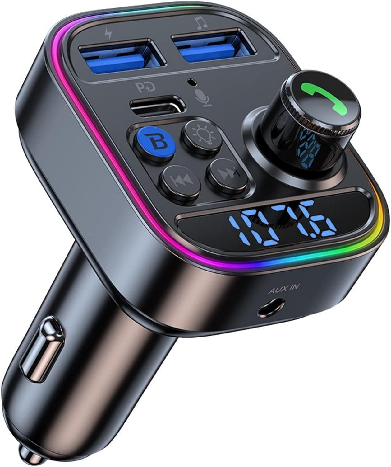 Bluetooth FM Transmitter, Wireless Radio, PD Car Charger, MP3 Player, USB Disk Support, Built-in Microphone, Headphones Connectivity
