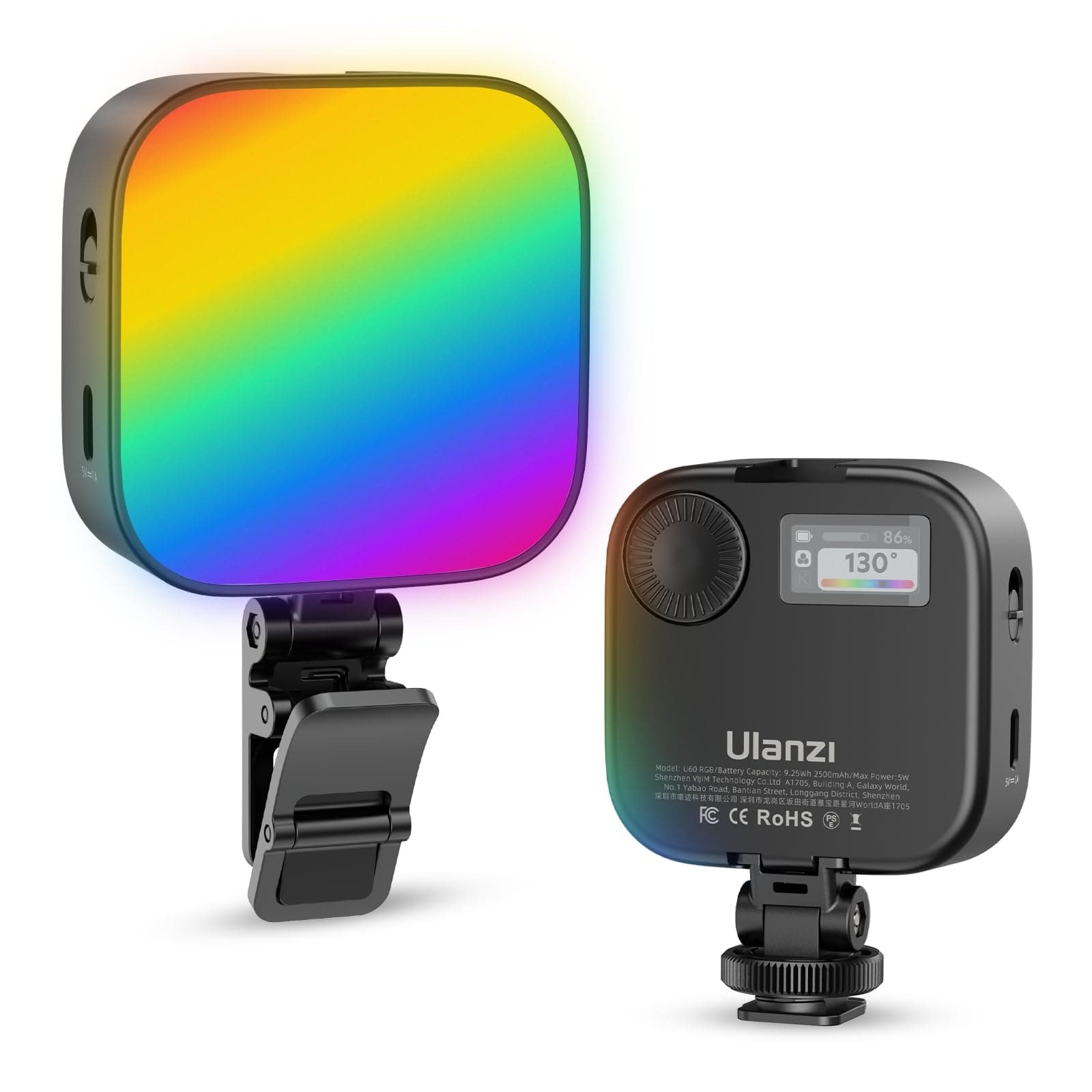 U60 RGB Video Lights Black LED Camera Light 360° Full Color Portable Photography Lighting w Quick Release Cold Shoe Adapter and Clip, 2500mAh Rechargeable CRI 95+ 2500-9000K Dimmable Panel Lamp