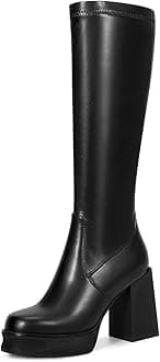 wetkiss Platform Knee High Boots Women Chunky High Heel Black Boots for Women Gogo Boots with Side Zipper Stretchy Boot Not for Bigger Wide Calf