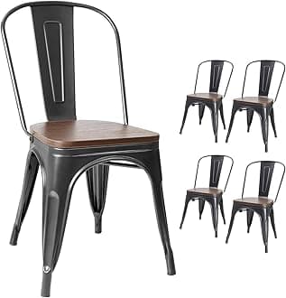 Furniwell Metal Dining Chairs with Wood Seat, Indoor Outdoor Use Stackable Tolix Industrial Metal Chairs Set of 4 for Kitchen, Dining Room, Bistro and Cafe (Black)