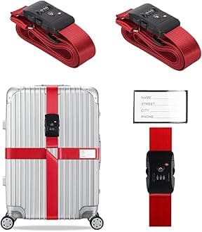 Veki Cross Luggage Straps Set TSA Approved with Lock Adjustable Travel Suitcase Belts Suitcase Tags with Name Id Card Packing Straps for Suitcases Strap Travel Accessories (Red, 2pcs)