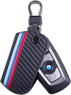 JKCOVER Key Fob Holder Protector Compatible with BMW Remote Fob, M-Colored Stripe Black Carbon Fiber Pattern Leather Key Cover with Keychain (for 1 2 3 4 5 6 7 Series X3)