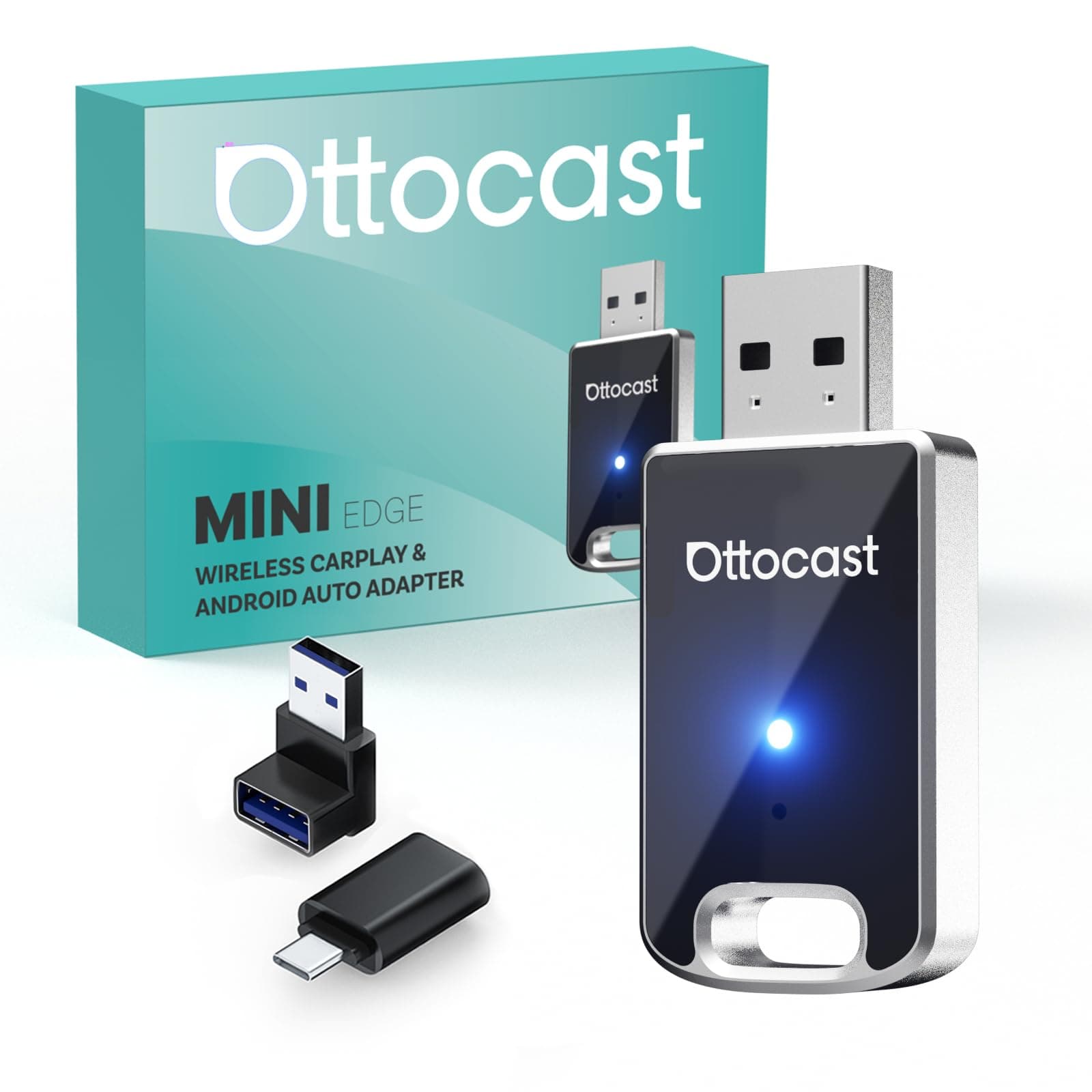 OTTOCAST Mini Edge, 2 in 1 Wireless Carplay Adapter & Wireless Android Auto Adapter for Apple iPhone Samsung or other AndroidPhone, USB Bluetooth Car Accessories for OEM Wired Carplay/Android Auto Car