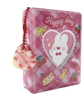 3 Inch Mini Photo Album, Heart Hollow Card Binder Photo Album Kpop Photo Card Holder with Heart Pendant 40 Pockets (Pink rabbit)