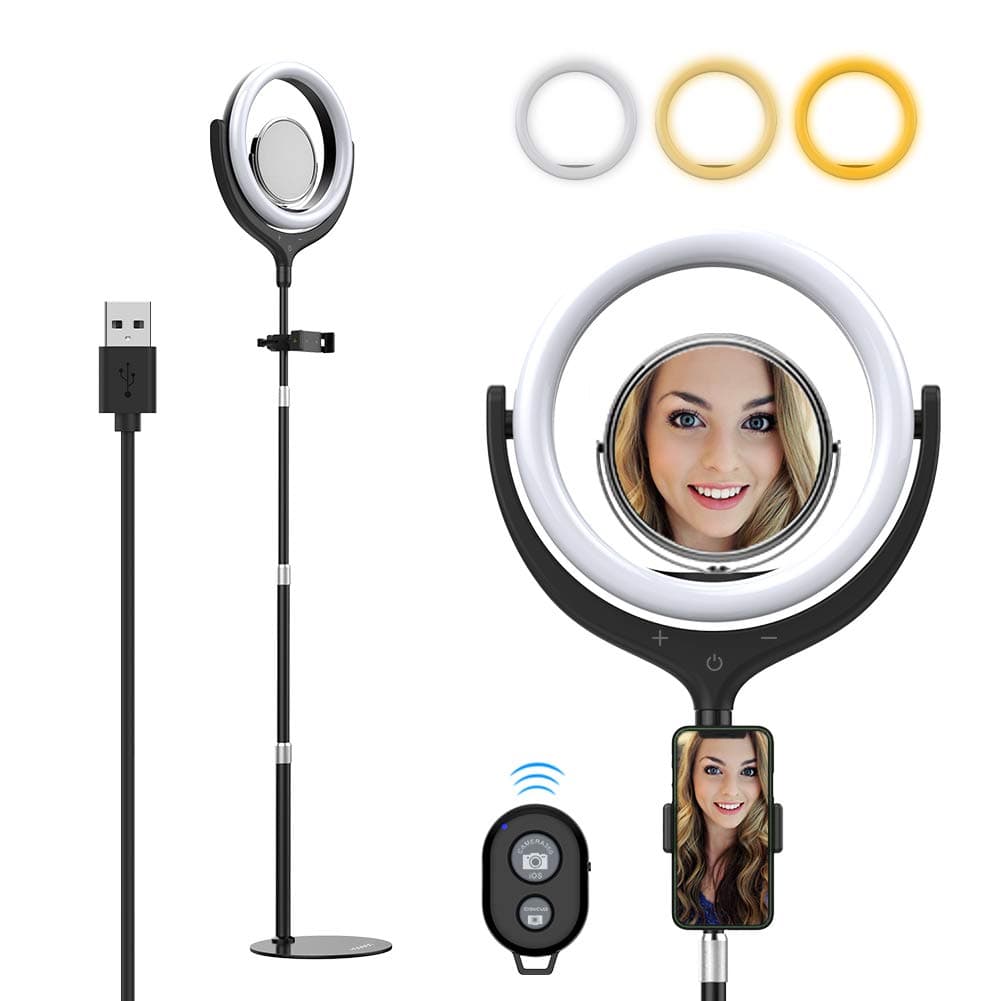 Yoozon 10" LED Ring Light with Metal Base & Cell Phone Holder for Live Streaming/YouTube Video/Makeup, Dimmable 3000~6000K Touch Screen Ring Lights with Mirror for Tiktok/Self-Portrait Shooting
