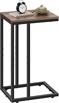 WLIVE C-Shaped Side Table, Slim Bedside Table for Small Spaces, Sofa Side Table with Metal Frame, Small Table with Open Storage for Living Room, Bedroom, Brown