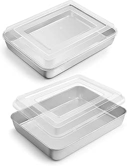 Small Baking Pan with Lid, 9.4”x 7” x 2” Stainless Steel Rectangle Sheet Cake Pans for Toaster Oven, Metal Covered Bakeware for Cakes Brownies Casseroles, Non-toxic & Dishwasher Safe - Set of 2