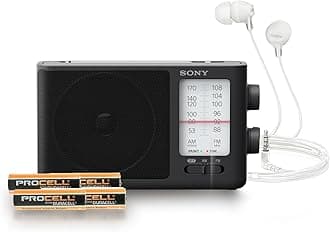 ICF506 Portable Radio with AA (4-Pack) with Wired in-Ear Earbud Headphones and Radio Accessory Bundle (3 Items)