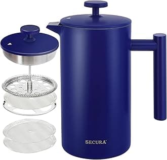French Press Coffee Maker, 304 Grade Stainless Steel Insulated Coffee Press with 2 Extra Screens, 34oz (1 Litre), Blue