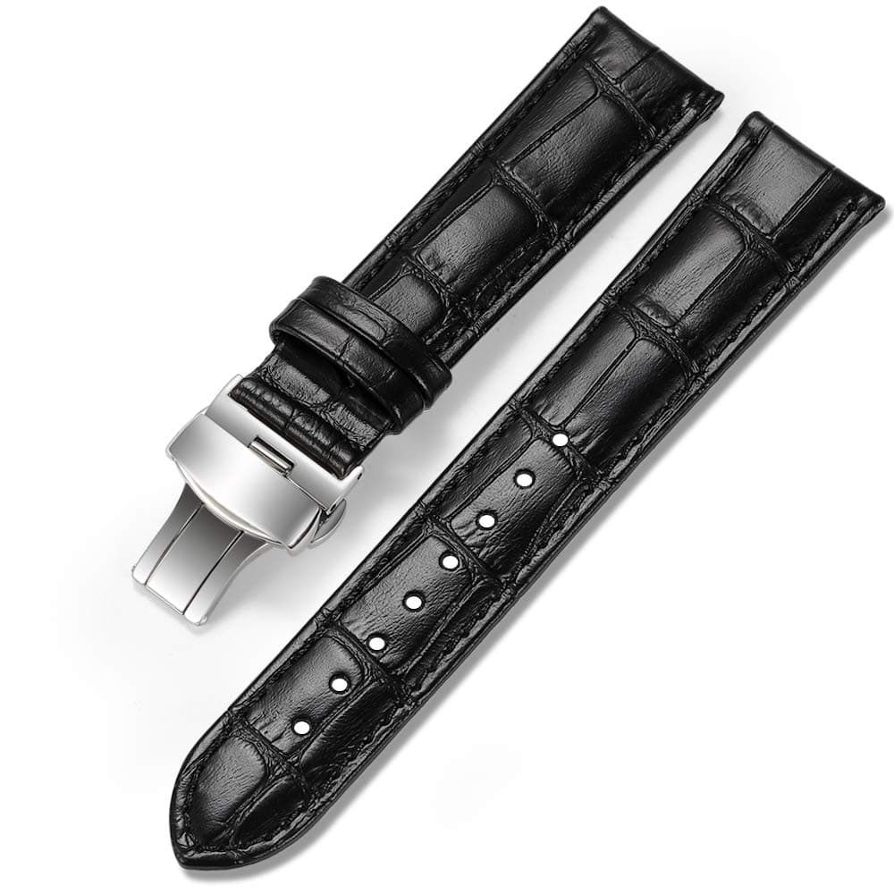 Leather Watch Band -Alligator Grain Embossed Pattern Calfskin Replacement Strap-Stainless Steel Deployment Buckle with Push Buttons-Bracelet for Men Women-18mm 19mm 20mm 21mm 22mm 24mm