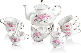 Sweejar Porcelain Tea Set Vintage Floral, British Relief Gold Rim Teapot Cup and Saucer Sets, 22-Piece Tea Sets for Adults, with Teapot, Sugar Bowl, Milk Jug, Spoons, Cup and Saucer (Pink Flower)