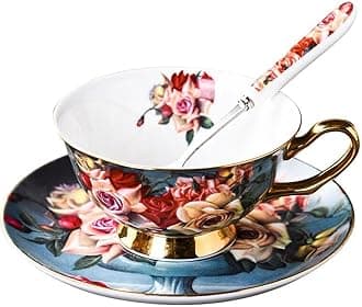 YBK Tech Euro Style Bone China Cup& Saucer Set, Ceramic Tea Coffee Cup for Home Kitchen Wedding (Vintage Rose Pattern)