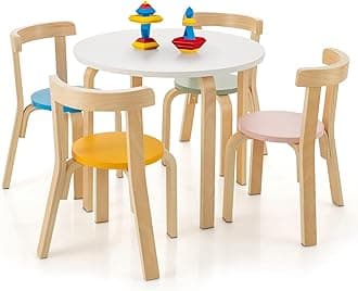 Costzon Kids Table and Chair Set, 5-Piece Wooden Activity Desk Set w/Toy Bricks, Classroom Playroom Daycare Furniture for Playing, Drawing, Reading, Bentwood Toddler Table and Chairs (Assorted)