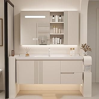 Bathroom Vanity with Sink - Floating Bathroom Vanity Contains LED Smart Defog Mirror Cabinet | Solid Wood Bathroom Vanity | Wall Mounted Installation (64")