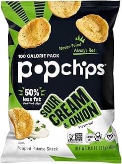 Popchips Potato Chips, Sour Cream & Onion, 12ct Single Serve 0.8oz Bags, Low-Calorie and Gluten Free, Salty Snacks for Adults and Children, Kosher Snack, 100 Calories Per Bag