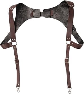 FEESHOWVintage Medieval Leather Suspender H-Back Steampunk Suspenders with Adjustable Buckle for Men Party Cosplay Clubwear