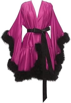 Changuan Women's Feather Robe Silk Satin Fur Bridal Robe Short Dressing Gown Bathrobe Lingerie Nightgown Sleepwear
