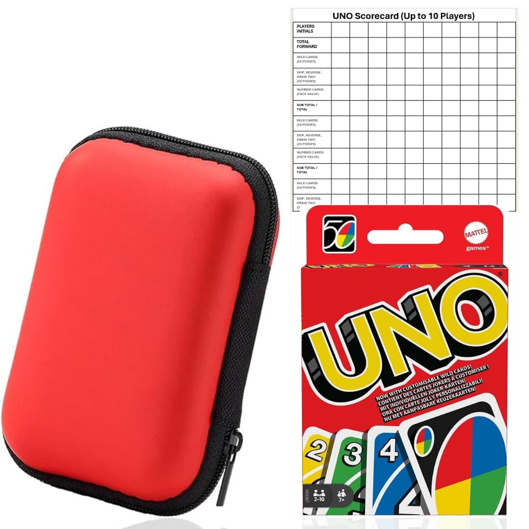 Uno Card Game, Uno Case and 5 x Scorecards | Playing Cards, Travel Games, Kids Games, Card Games, Travel Games for Adults, Game Night, Family Game