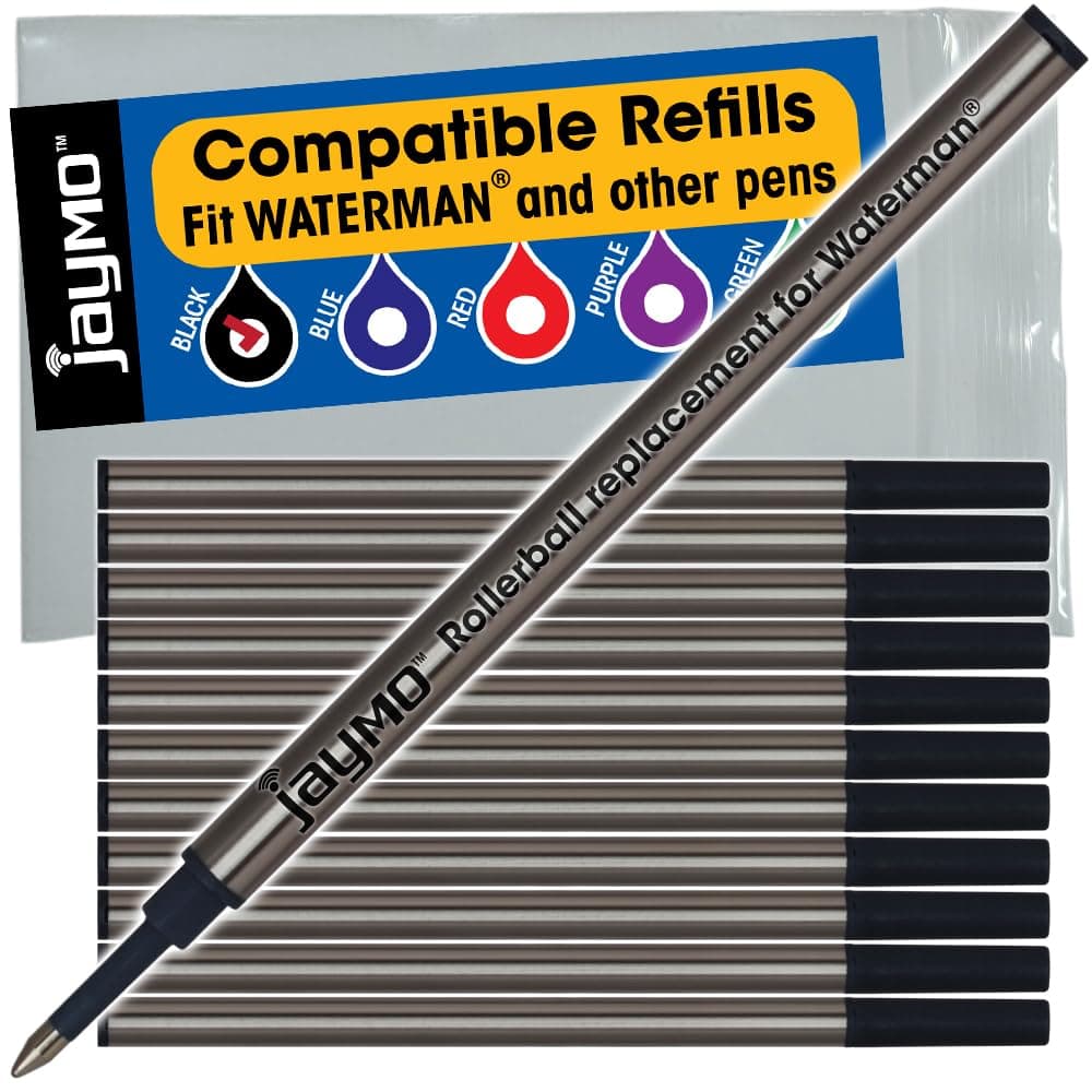 Jaymo Replacement for Waterman 540951 and Schmidt 5888 - Measures 4.3 in / 109 mm Long - Rollerball Pen Refill - 12 Black