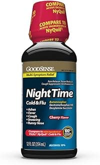 Nighttime Cold and Flu Liquid Medicine, 6 Hour Relief of Fever, Sore Throat, Sneezing, Runny Nose, Cough and Aches, Cherry Flavor, 12 Fl Oz