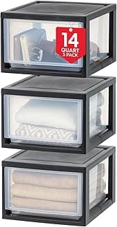 IRIS USA 14.5 Qt. Plastic Drawer Storage Organizer Stacking Drawers, 3-Pack, Stackable Unit with Sliding Drawer for Clothes Bedroom Kitchen Under Sink Pantry Craft Room Bathroom Dorm Office, Black