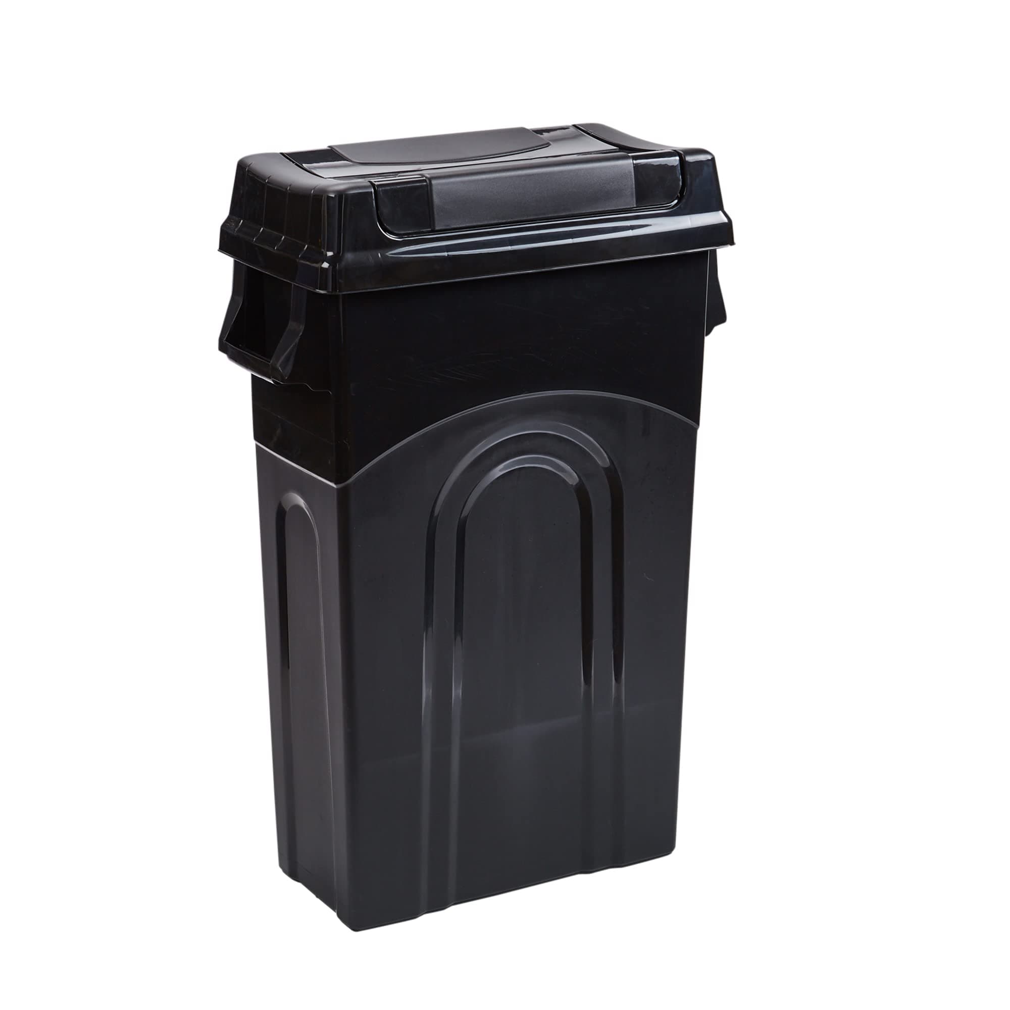 Highboy Waste Container with Swing Lid, 23 Gallon, Space Saving Slim Profile and Simple Bag Removal, Handles for Easy Carrying, Indoor/Outdoor Use, Plastic, Black, 1-Pack.