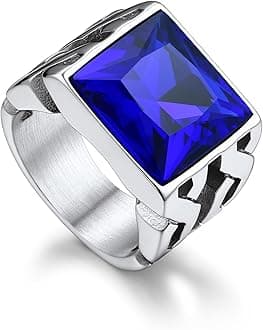 Gemstone Signet Rings for Men, Stainless Steel Fancy Cut Cubic Zirconia Rings Blue Topaz/Emerald/Black Onyx/Ruby Ring Statement Ring Wedding Ring Size 7-14