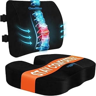 CloudBliss Lumbar Support Pillow & Seat Cushion Set for Office Chair, Desk Chair, Wheelchair & Car – Memory Foam Back Support, Ergonomic Chair Cushions, Sciatica Pain Relief, Home Essentials, Black