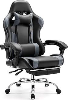 Sweetcrispy Video Game Desk Chair - Ergonomic Computer with Footrest and Comfy Lumbar Support, PU Leather Recliner with Headrest, Fixed Up Armrest, Height Adjustable with 360° Swivel, for Adults, Grey