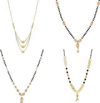 Jewellery One Gram Gold Plated Combo of 4 Mangalsutra Necklace Pendant Tanmaniya Nallapusalu Black Bead Chain For Women and Girls
