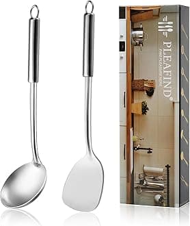 Pleafind 2-Pcs Ladle and Spatula, Soup Ladle and Spatulas, Stainless Steel Spatula and Spoon Sets, Cooking Utensils Set, Wok Spatula and Wok Ladle for Home and Restaurant, Dishwasher Safe