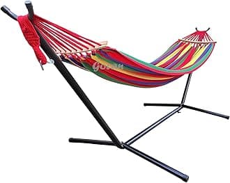 Double Hammock 2 Person Large 220x160cm with Steel Stand and Removable Spreader bar Load 500lb, Canvas Cotton Hammocks for Patio Porch Garden Backyard Outdoor and Indoor,red