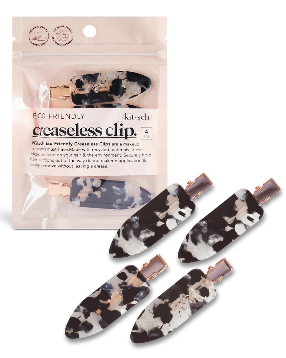 Kitsch No Bend Hair Clips for Makeup Application and Styling - Creasless No Dent Hairdresser Salon Barettes for Waves Bangs or Curls - 4 Pack (Black Terrazzo)