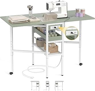 Folding Sewing Cutting Table with Charging Station, Height Adjustable Craft Table with Storage, 50" Foldable Fabric Cutting Tables for Sewing Room Craft Room, Cyan