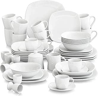 MALACASA Porcelain Dinnerware Sets, 50-Piece Gray White Dishes with Plates and Bowls, Cups and Saucers, Coffee Mugs, Egg Cups, Sugar Pot and Milk Pot, Kitchen Dish Set for 6, Series Elisa