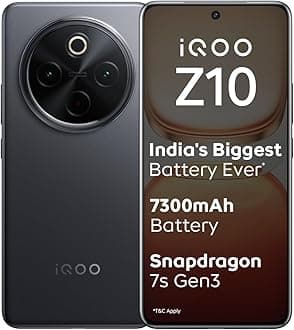 iQOO Z10 5G (Stellar Black, 12GB RAM, 256GB Storage) | India's Biggest Ever 7300 mAh Battery | Snapdragon 7s Gen 3 Processor | Brightest Quad Curved AMOLED Display in the Segment