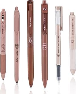 BAYTORY 5Pcs Gel Pens and 1Pc Highlighter, Quick Dry Ink Pen Fine Point Black 0.5mm, Aesthetic Stuff Retractable Rolling Ball Pen Smooth Writing for School Supplies Journaling (Coffee)