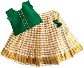 Stanwells Kids Kerala Kasavu Polka Brocade Silk Baby Girls Floral Embroidery Lehenga Choli Set