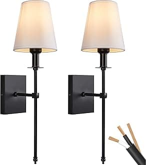 PASSICA DECOR Hardwired Wall Light Set of 2 Black Wall Sconces with Fabric Shade, Vintage Farmhouse Lighting for Bathroom Living Room Bedroom Dining Hallway (E27, 230V)