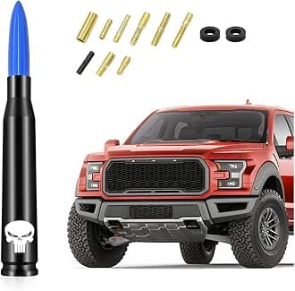 Car Truck Bullet Antenna, 5.5"x0.8" Replacement Short Antenna Mast with Screws Adapter, Skull Design AM/FM Radio Antenna, Automobile Exterior Accessories for Pickup, SUV, Vehicles (Blue)