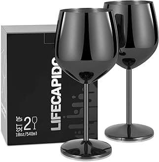 Lifecapido Stainless Steel Wine Glasses Set of 2, 18oz Stainless Steel Wine Goblets, Stemmed Metal Wine Glasses with Cup Brush for Office Party Anniversary, Great for Red White Wine (Grey Black)
