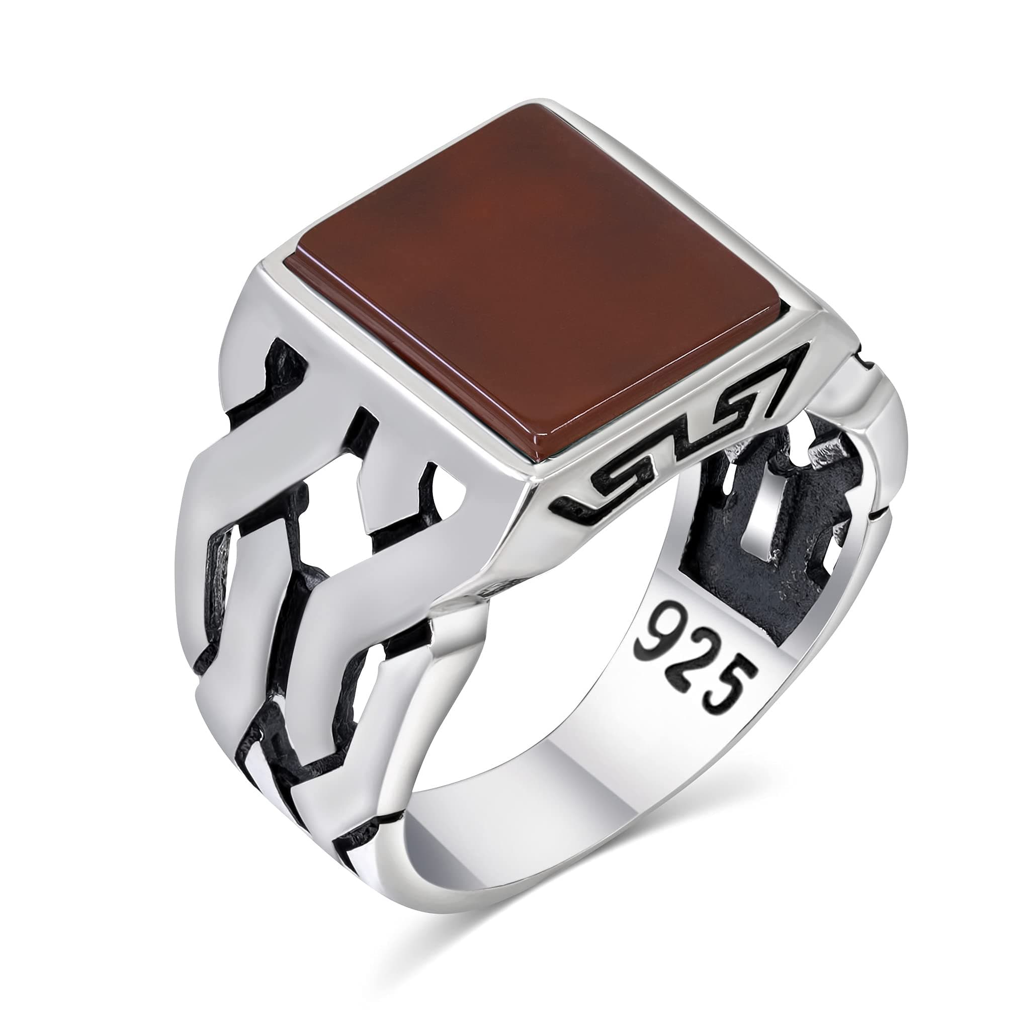 Sterling Silver Rings for Men with Red Agate Stone, Handmade Mens Jewelry Ring, Cuban link Chain Motif Mens Ring (43RedAgate_10.5)